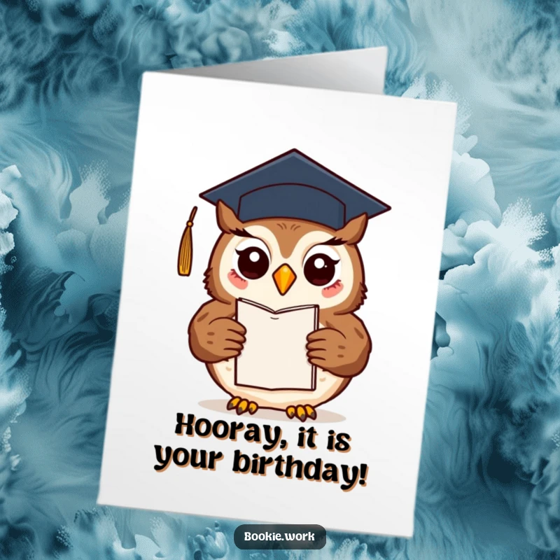 Funny Free Printable Birthday Card: Owl in graduation cap holding a novel, celebrating a birthday with wisdom.