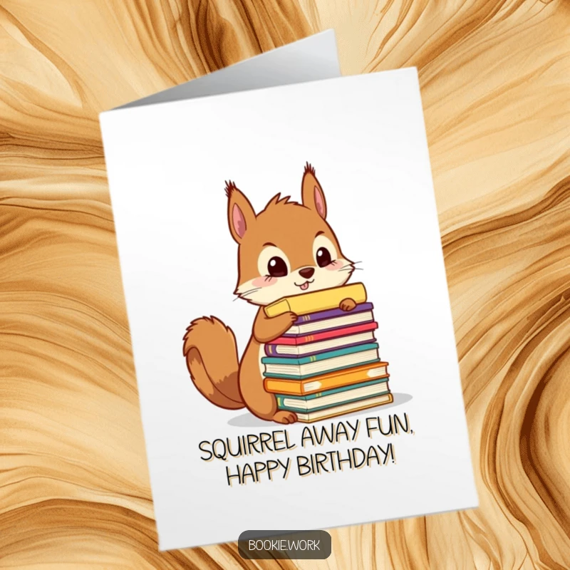 Funny Free Printable Birthday Card: Squirrel character meticulously stacking colorful manuscripts, ready for a birthday party.