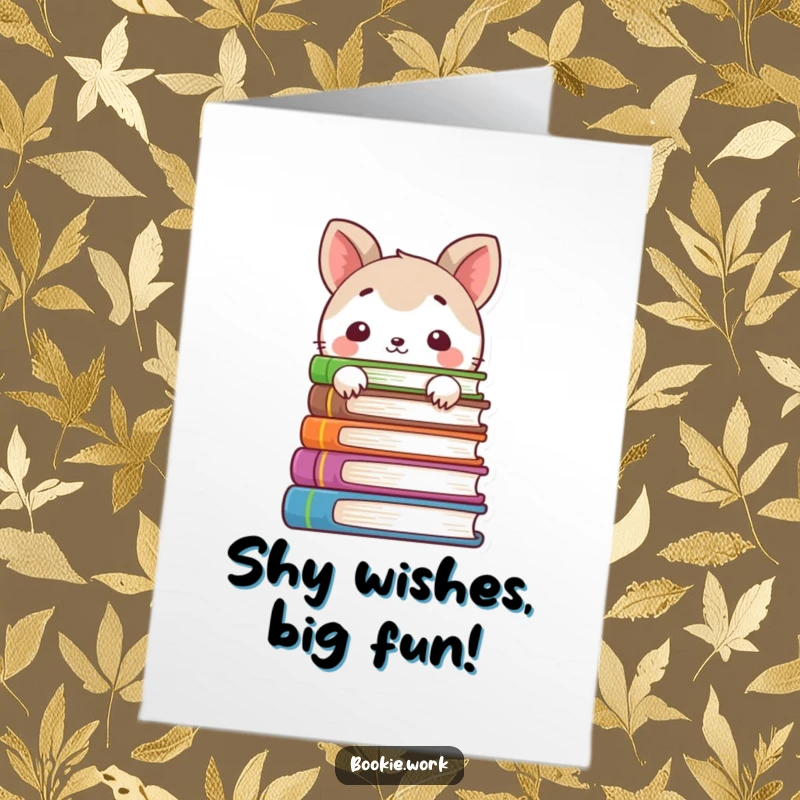 Funny Free Printable Birthday Card: A shy animal character peeking playfully from behind a tall stack of colorful books.