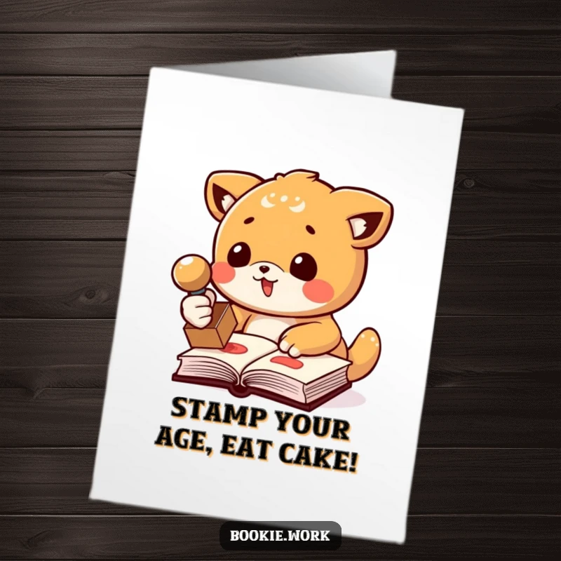 Funny Free Printable Birthday Card featuring a cheerful animal enthusiastically stamping a book with a rubber stamp, ready to celebrate.