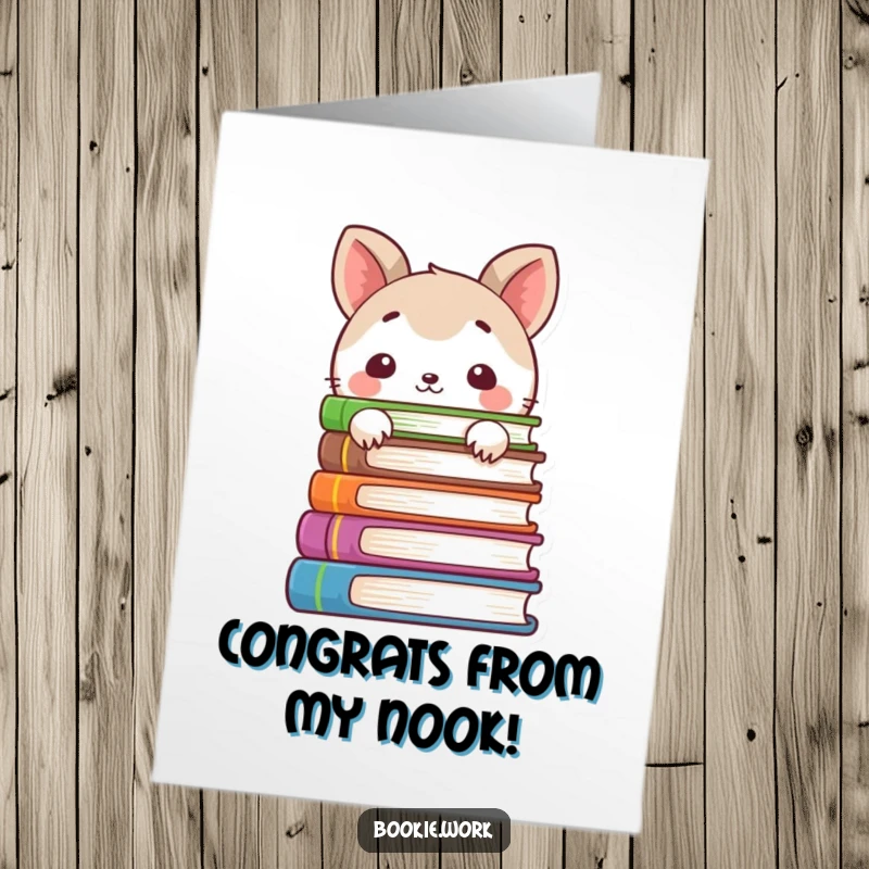 Funny Free Printable Congratulations Card: A shy animal peeking demurely from behind a thick pile of colorful books.