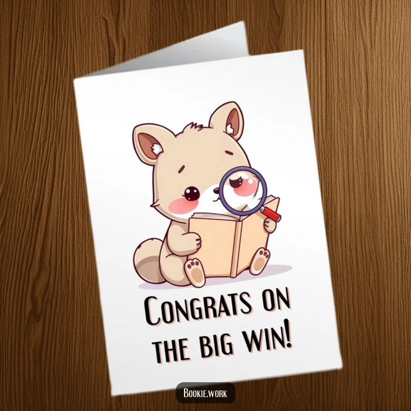 Funny Free Printable Congratulations Card: A thoughtful animal intently studying a massive book with a magnifying glass, finding answers.