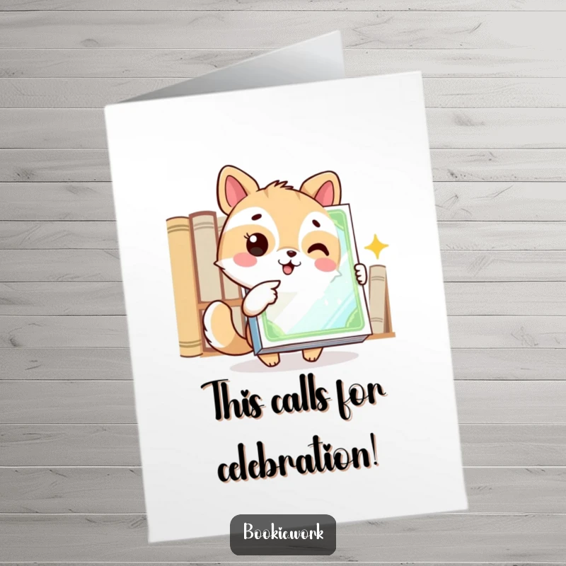 Funny Free Printable Congratulations Card of an animal excitedly pointing towards a gleaming book cover, signifying a great find.