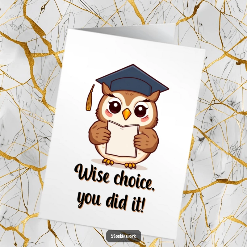Funny Free Printable Congratulations Card: Owl wearing a graduation cap, proudly presenting a finished novel, signifying success.