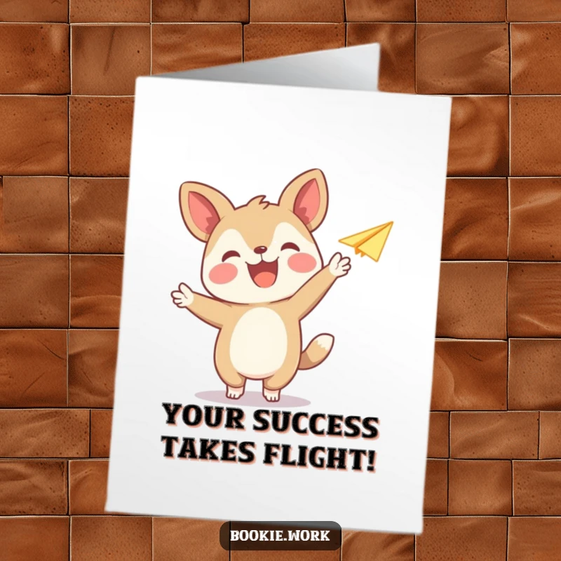 Funny Free Printable Congratulations Card depicting a cheerful animal publisher joyfully releasing a paper airplane, signifying celebration.