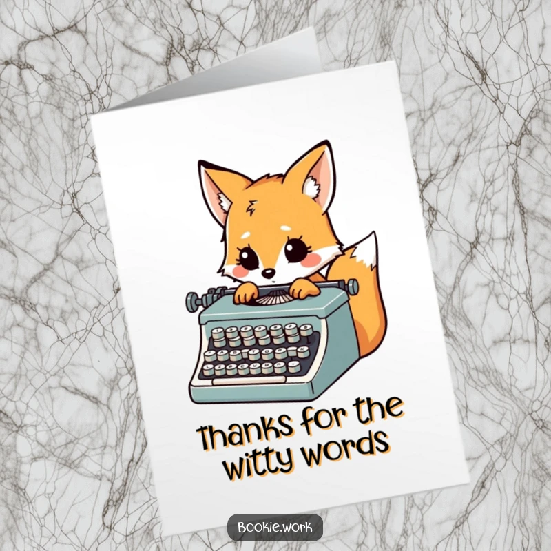 Funny Free Printable Thank You Card: Inspired fox character typing with gusto on a vintage typewriter, conveying thanks.