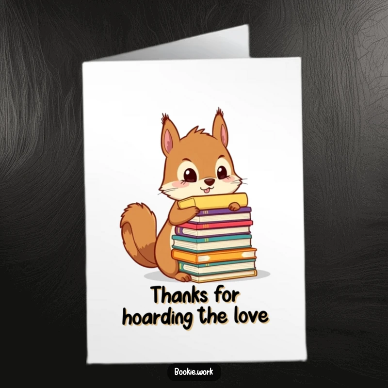 Funny Free Printable Thank You Card: Squirrel character meticulously organizing a tower of colorful manuscripts, showing appreciation.