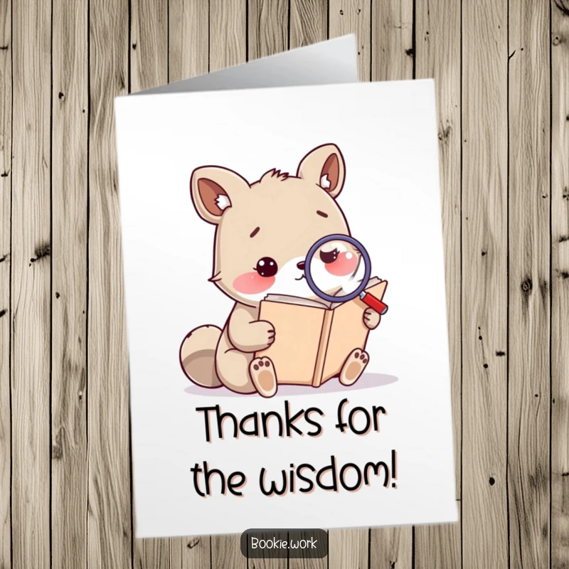 Funny Free Printable Thank You Card: A curious animal using a magnifying glass to examine the contents of a vast, old book.