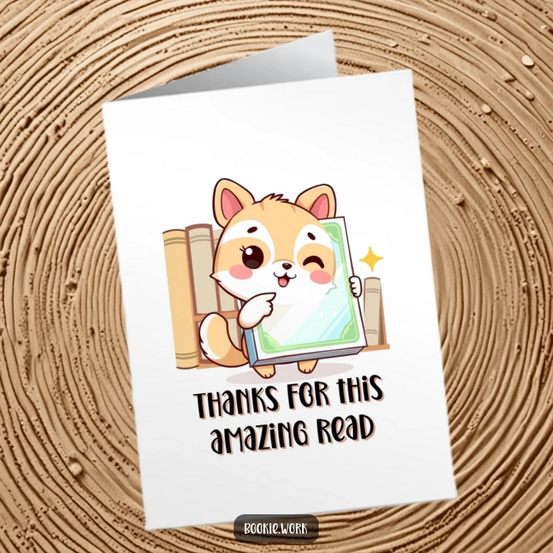 Funny Free Printable Thank You Card featuring a happy animal excitedly pointing at a shiny book cover, expressing gratitude.
