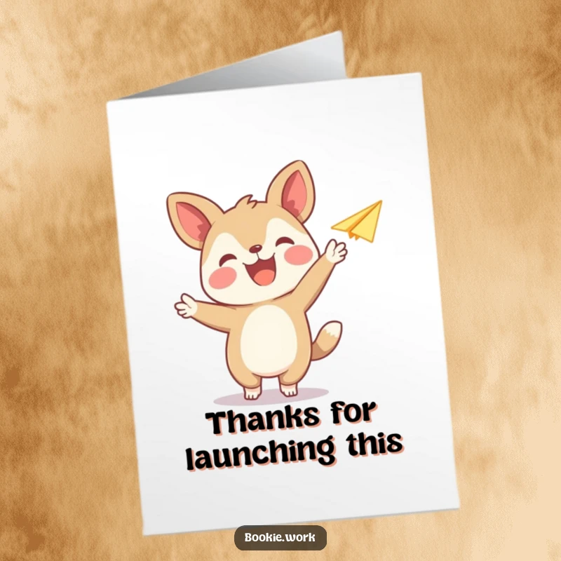 Funny Free Printable Thank You Card featuring a happy animal launching a paper airplane, symbolizing sending thanks in a fun way.