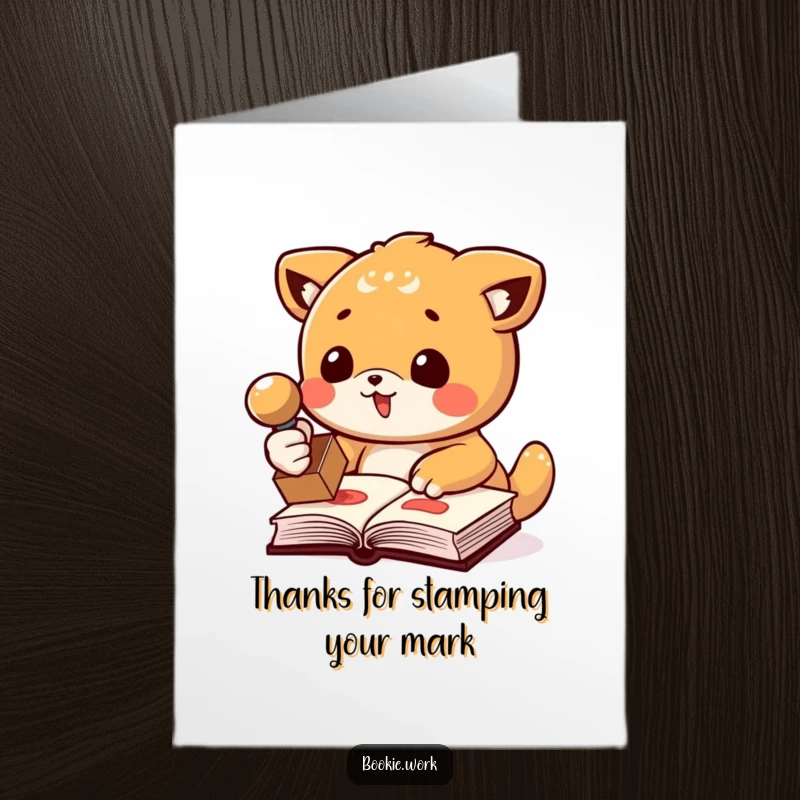 Funny Free Printable Thank You Card of an animal joyfully stamping a book, expressing appreciation with humor.