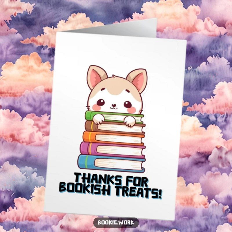 Funny Free Printable Thank You Card: A demure animal character peeking shyly from behind a stack of vibrant books.