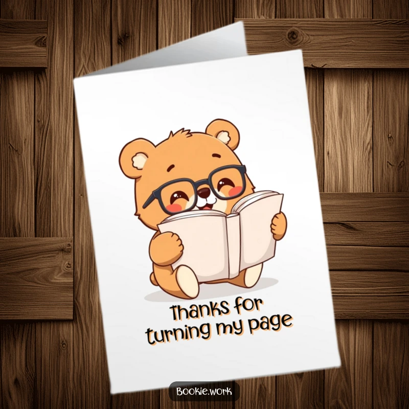 Funny Free Printable Thank You Card: Enthusiastic bear wearing reading glasses, engrossed in a large book, expressing thanks.