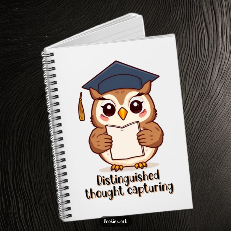 Funny friendly owl wearing a graduation cap, presenting a finished novel, on the cover of a notebook.