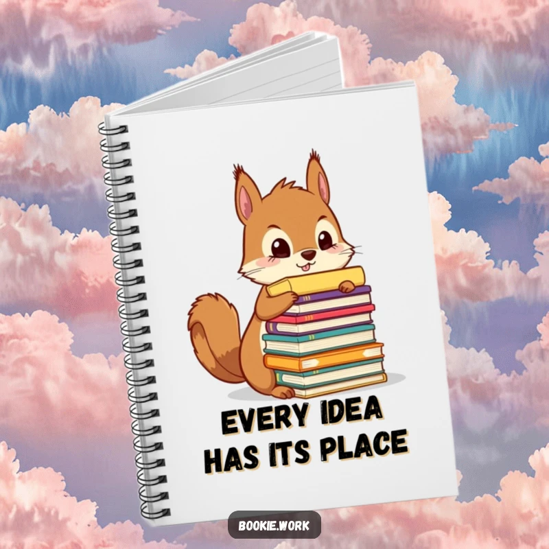 Funny squirrel meticulously organizing a towering stack of colorful manuscripts, on the cover of a notebook.