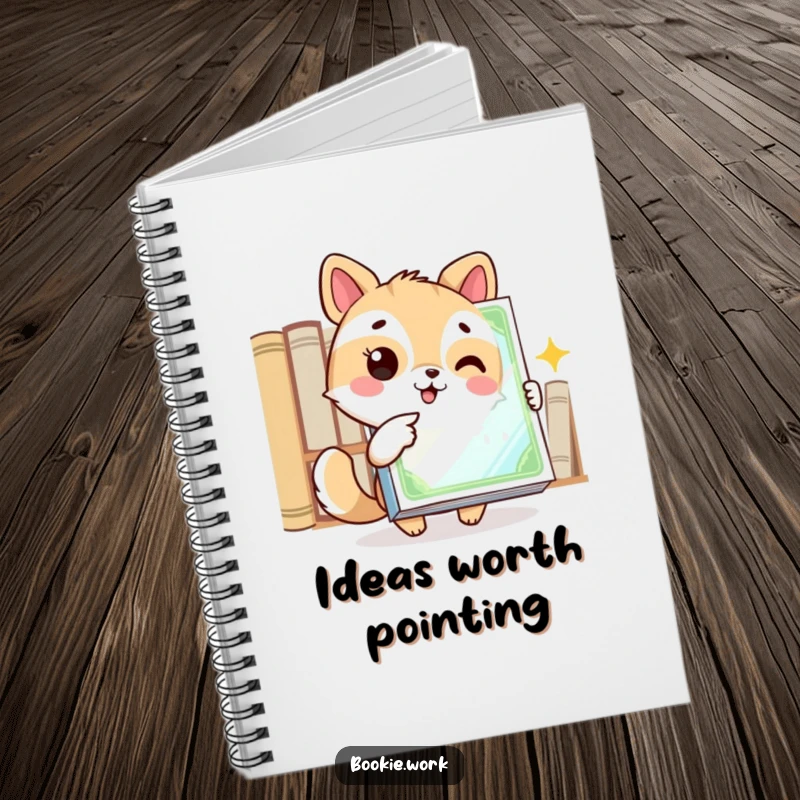 Funny notebook cover featuring an excited animal character pointing at a gleaming book cover, inspiring enthusiasm for writing.