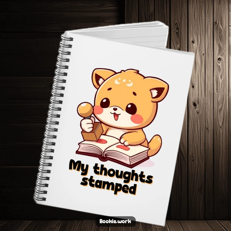Funny notebook cover with an animal character enthusiastically stamping a book with a rubber stamp, inspiring creative writing and humor.