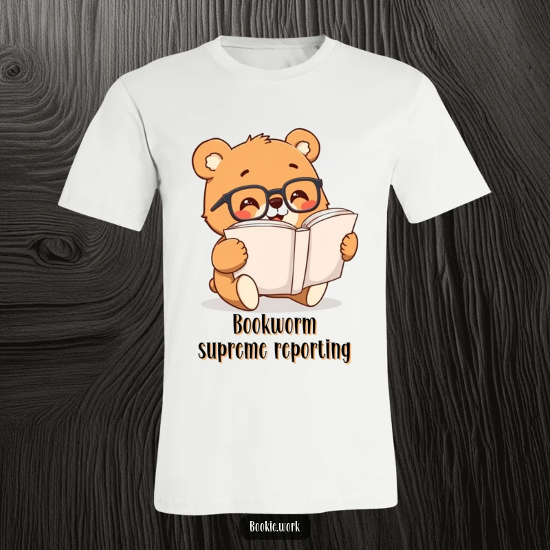 Funny cheerful bear wearing reading glasses, excitedly flipping through a big book on a t-shirt.