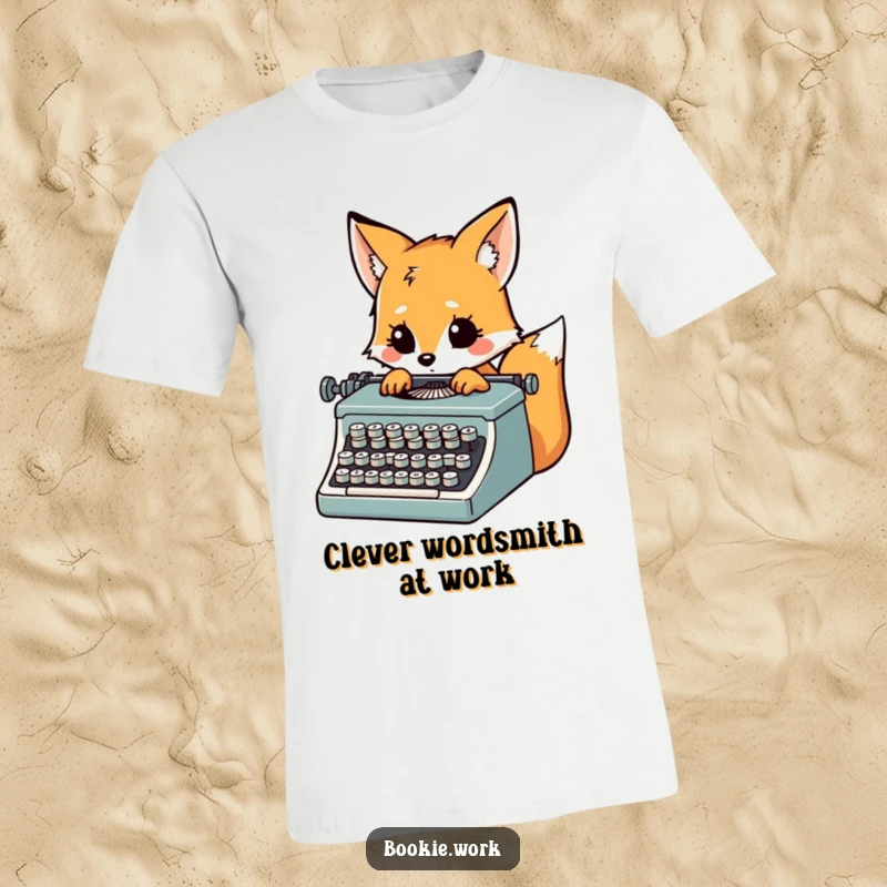 Funny fox typing furiously on a vintage typewriter, looking inspired, printed on a creative t-shirt.