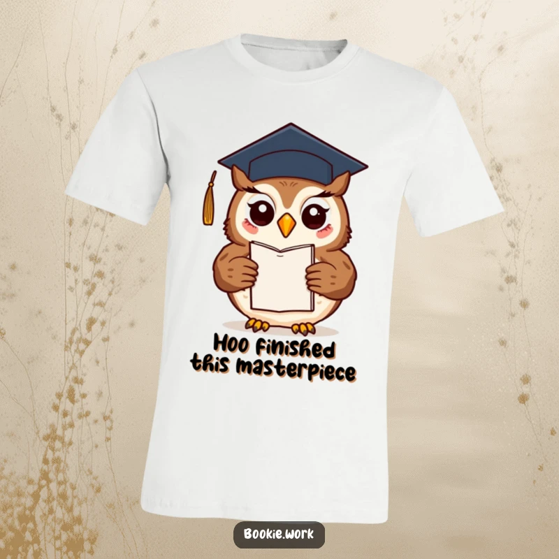 Funny friendly owl wearing a graduation cap, presenting a finished novel, on a celebratory t-shirt.