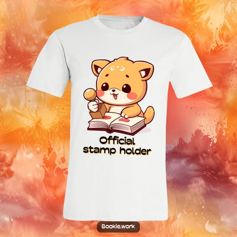 Funny t-shirt showing a cute animal character enthusiastically stamping a book with a rubber stamp, celebrating literature and humor.