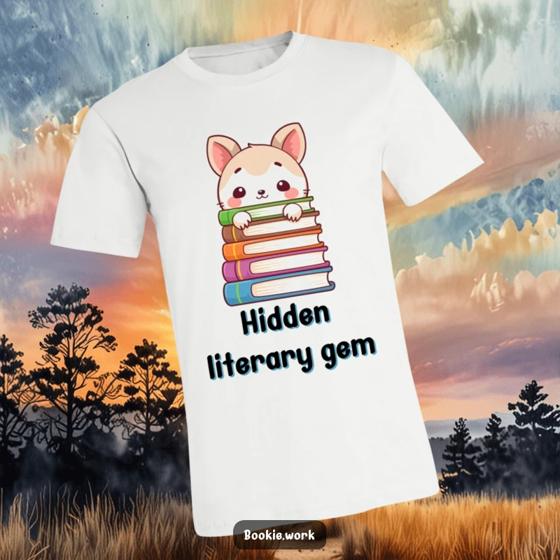 Funny t-shirt with a shy animal character peeking from behind a colorful stack of books, perfect for introverted readers and gifts.