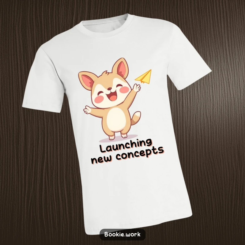 Funny t-shirt featuring a happy animal publisher character releasing a paper airplane, embodying joy and creative expression.