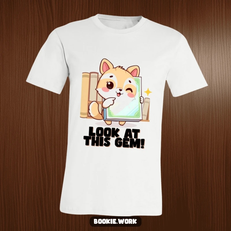Funny t-shirt depicting an excited animal character pointing at a gleaming book cover, celebrating the allure of new books.
