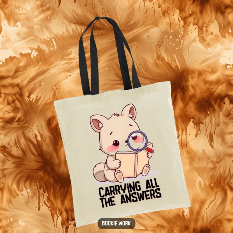 Funny tote bag with a thoughtful animal character reading a large book with a magnifying glass, ideal for carrying academic materials.
