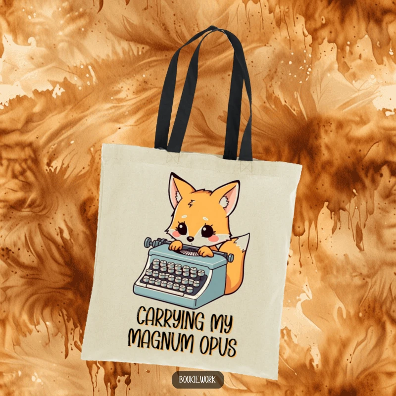 Funny fox character typing furiously on a vintage typewriter, looking inspired, on a stylish tote bag.