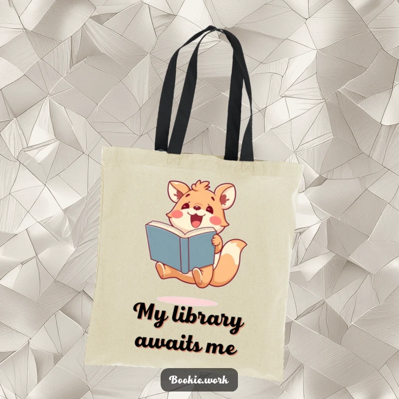 Funny tote bag showcasing a cute animal character jumping with excitement and a large book, great for carrying books and gifts.