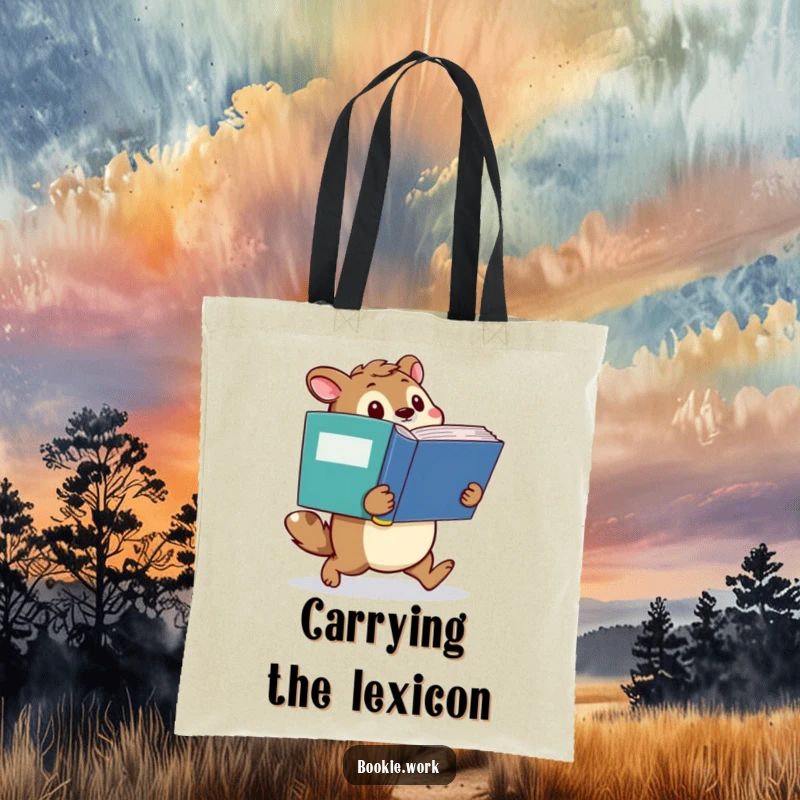 Funny tote bag showcasing a determined animal character waddling with a giant dictionary, perfect for carrying books and wisdom.