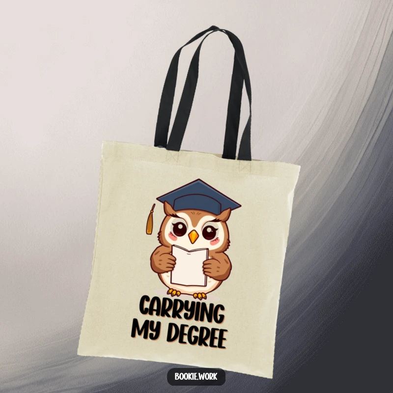 Funny friendly owl wearing a graduation cap, presenting a finished novel, on a stylish tote bag.