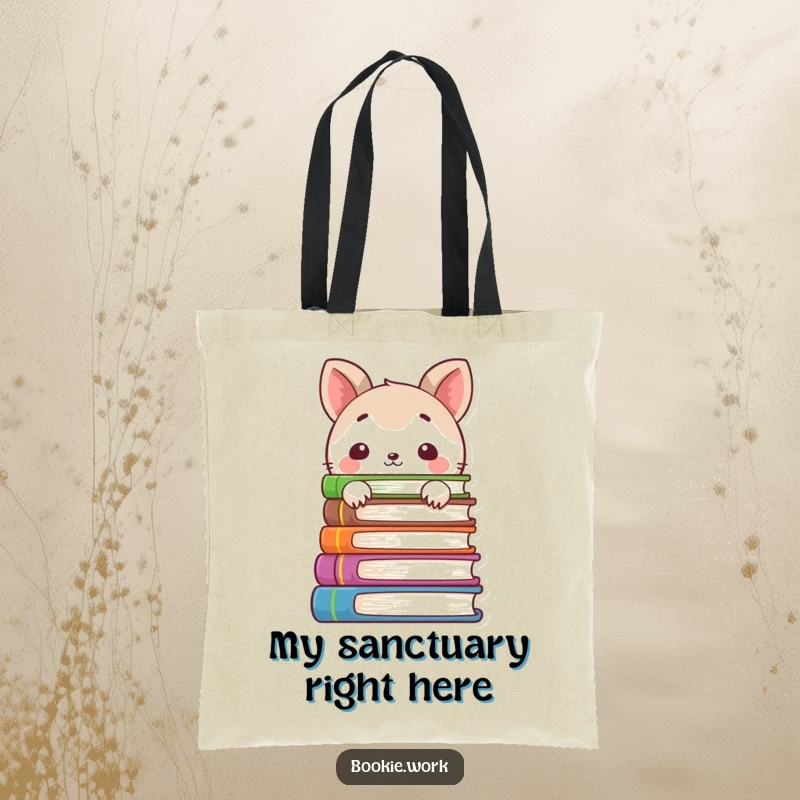 Funny tote bag with a shy animal character peeking from behind colorful books, practical for carrying books and a cute gift.
