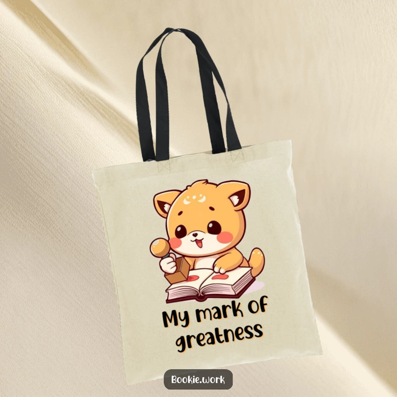 Funny tote bag showcasing an animal character enthusiastically stamping a book with a rubber stamp, ideal for carrying books and smiles.